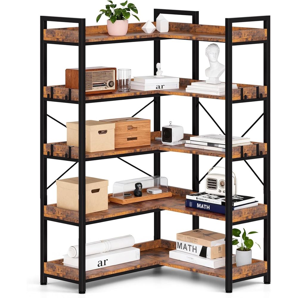 Bookshelf 5 Tier - 5-Tier L-Shaped Metal Bookshelf with Tall